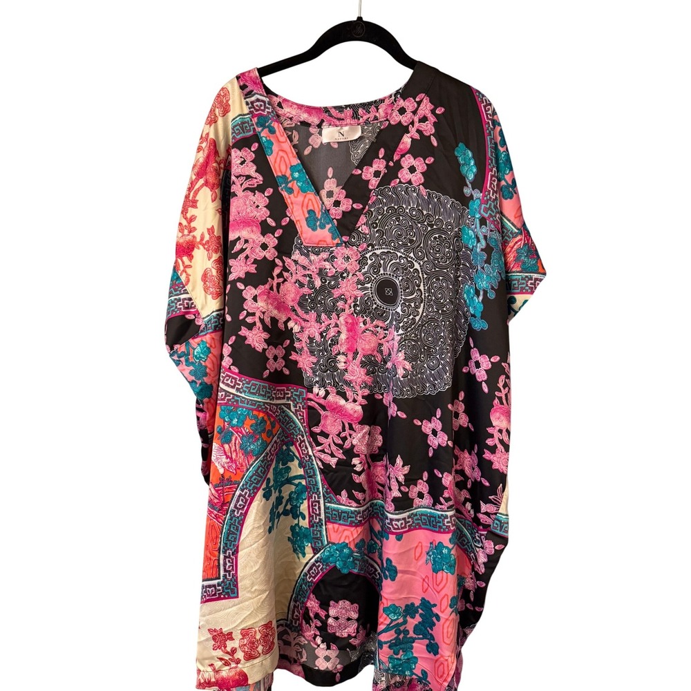 Natori Kaftan Kimono Cover Up Floral Black Pink Turquoise Resort Wear Size Small